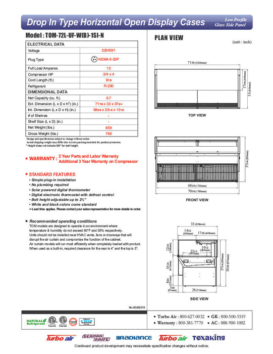 Turbo Air TOM-72L-UF-W-1SI-N 71 7/8" Drop-In Horizontal Open Air Cooler w/ (1) Level – White Exterior, 220v/1ph - Donut-Supplies.Com