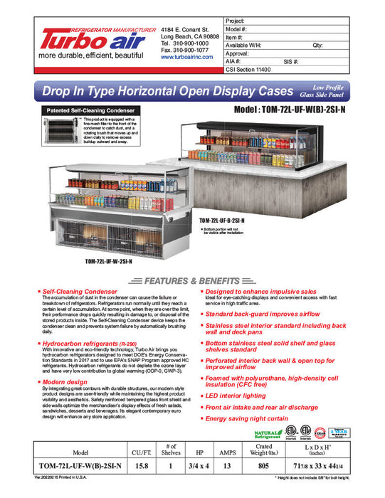 Turbo Air TOM-72L-UF-B-2SI-N 71 7/8" Drop-In Horizontal Open Air Cooler w/ (2) Levels – Black Exterior, 220v/1ph - Donut-Supplies.Com
