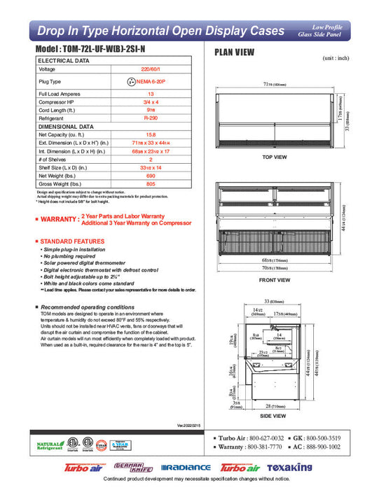 Turbo Air TOM-72L-UF-B-2SI-N 71 7/8" Drop-In Horizontal Open Air Cooler w/ (2) Levels – Black Exterior, 220v/1ph - Donut-Supplies.Com