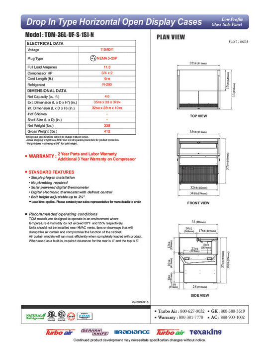 Turbo Air TOM-36L-UF-S-1SI-N 36 7/8" Stainless Steel Drop-In Refrigerated Open Display Case Merchandiser – (1) Level, 115v - Donut-Supplies.Com