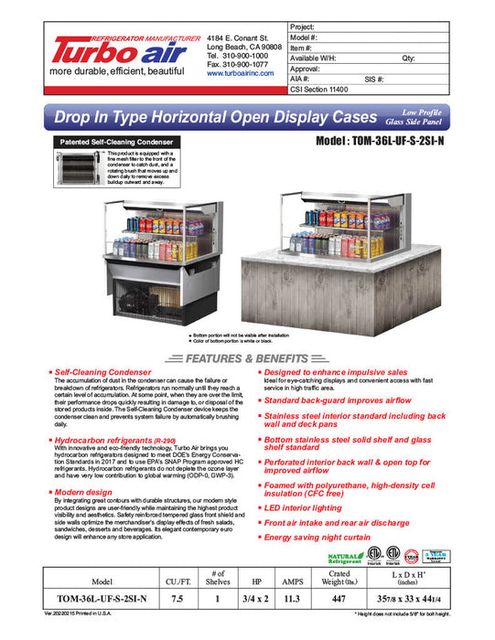 Turbo Air TOM-36L-UF-S-2SI-N 36" Stainless Steel Drop-In Refrigerated Open Display Case Merchandiser – (2) Levels, 1 Shelf, 115v - Donut-Supplies.Com