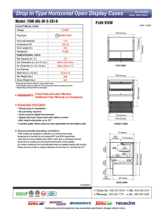 Turbo Air TOM-36L-UF-S-2SI-N 36" Stainless Steel Drop-In Refrigerated Open Display Case Merchandiser – (2) Levels, 1 Shelf, 115v - Donut-Supplies.Com