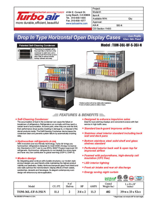 Turbo Air TOM-36L-UF-S-3SI-N 36" Stainless Steel Drop-In Refrigerated Open Display Case Merchandiser – (3) Levels, 2 Shelves, 115v - Donut-Supplies.Com