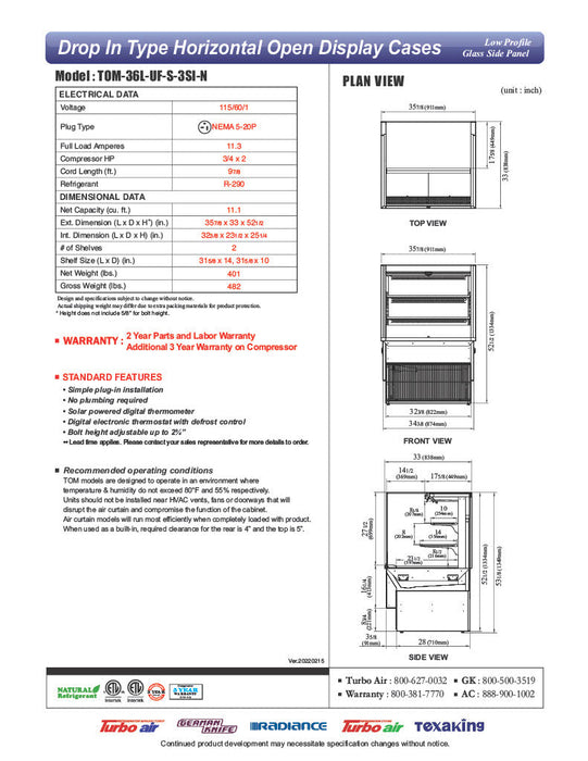 Turbo Air TOM-36L-UF-S-3SI-N 36" Stainless Steel Drop-In Refrigerated Open Display Case Merchandiser – (3) Levels, 2 Shelves, 115v - Donut-Supplies.Com