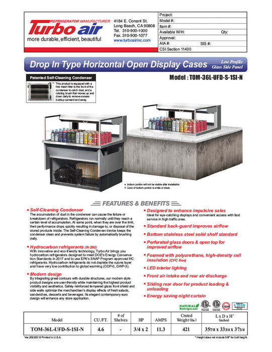 Turbo Air TOM-36L-UFD-S-1SI-N 36" Drop-In Horizontal Open Air Cooler w/ (1) Level – Stainless Steel Exterior, 115v - Donut-Supplies.Com