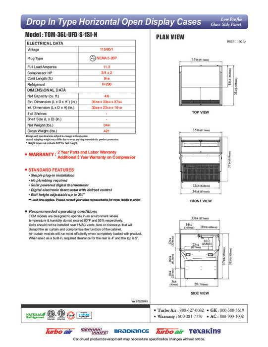 Turbo Air TOM-36L-UFD-S-1SI-N 36" Drop-In Horizontal Open Air Cooler w/ (1) Level – Stainless Steel Exterior, 115v - Donut-Supplies.Com