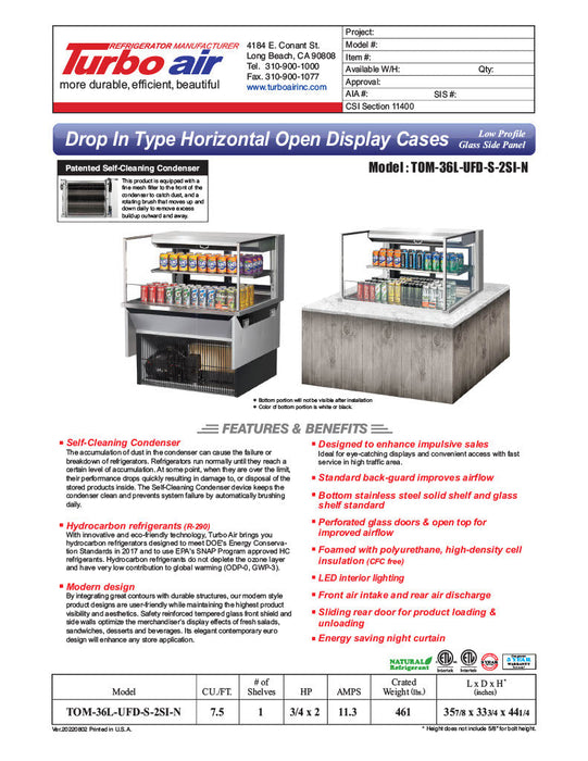 Turbo Air TOM-36L-UFD-S-2SI-N 36" Drop-In Horizontal Open Air Cooler w/ (2) Levels – Stainless Steel Exterior, 115v - Donut-Supplies.Com