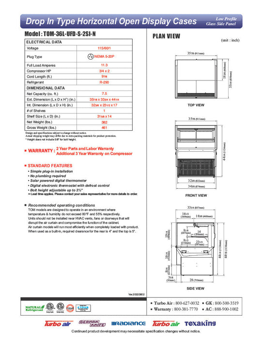 Turbo Air TOM-36L-UFD-S-2SI-N 36" Drop-In Horizontal Open Air Cooler w/ (2) Levels – Stainless Steel Exterior, 115v - Donut-Supplies.Com