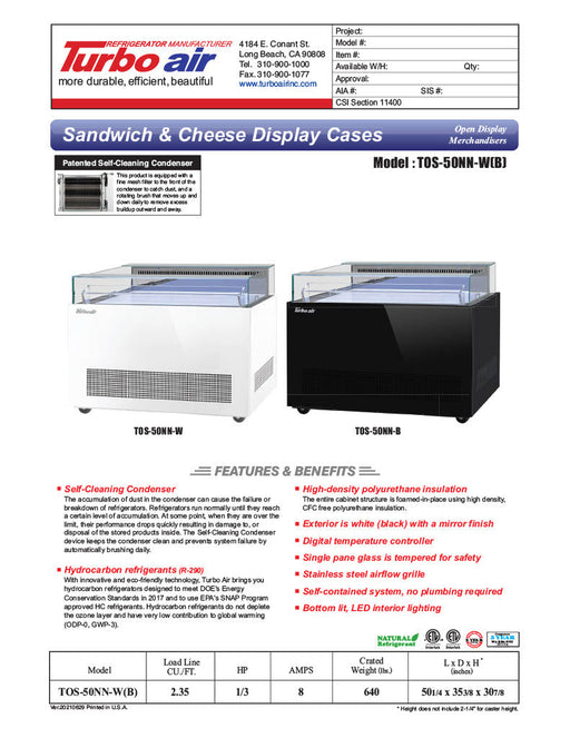 Turbo Air TOS-50NN-W 50" White Horizontal Open Display Merchandiser / Air Curtain Sandwich and Cheese Display Case – 1 Level, 115v - Donut-Supplies.Com