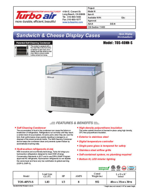 Turbo Air TOS-40NN-S 40 1/4" Stainless Steel Horizontal Open Display Merchandiser / Air Curtain Sandwich and Cheese Display Case – 1 Level, 115v - Donut-Supplies.Com