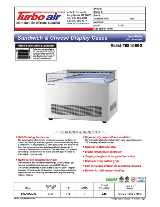 Turbo Air TOS-50NN-S 50 1/4" Stainless Steel Horizontal Open Display Merchandiser / Air Curtain Sandwich and Cheese Display Case – 1 Level, 115v - Donut-Supplies.Com