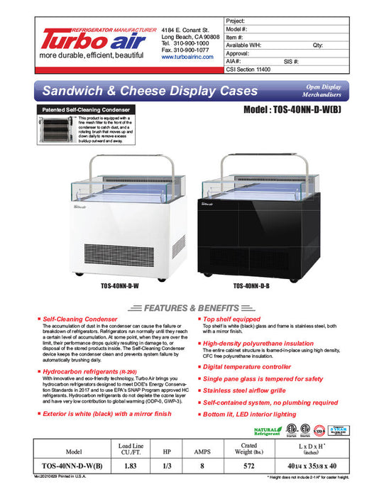 Turbo Air TOS-40NN-D-B 40 1/4" Black Horizontal Open Display Merchandiser / Air Curtain Sandwich and Cheese Display Case – 1 Level with Top Shelf, 115v - Donut-Supplies.Com