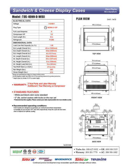 Turbo Air TOS-40NN-D-B 40 1/4" Black Horizontal Open Display Merchandiser / Air Curtain Sandwich and Cheese Display Case – 1 Level with Top Shelf, 115v - Donut-Supplies.Com