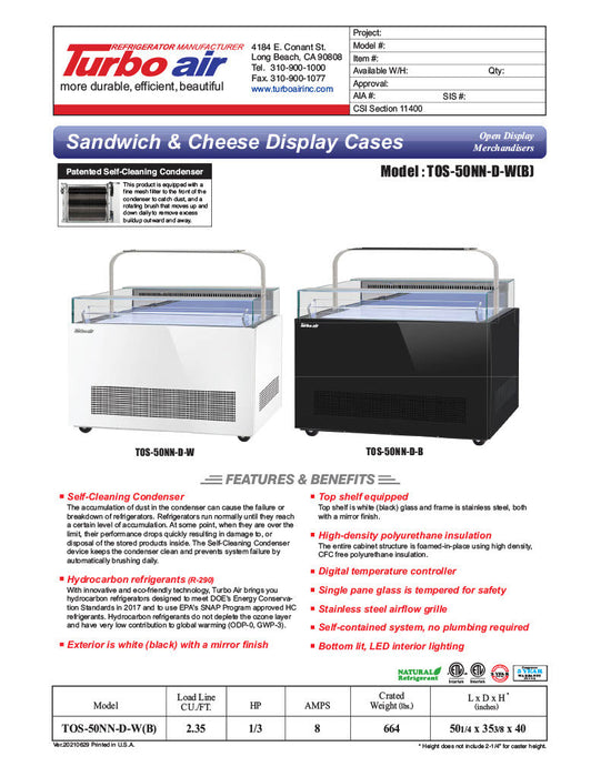 Turbo Air TOS-50NN-D-W 50 1/4" White Horizontal Open Display Merchandiser / Air Curtain Sandwich and Cheese Display Case – 1 Level with Top Shelf, 115v (Copy) - Donut-Supplies.Com