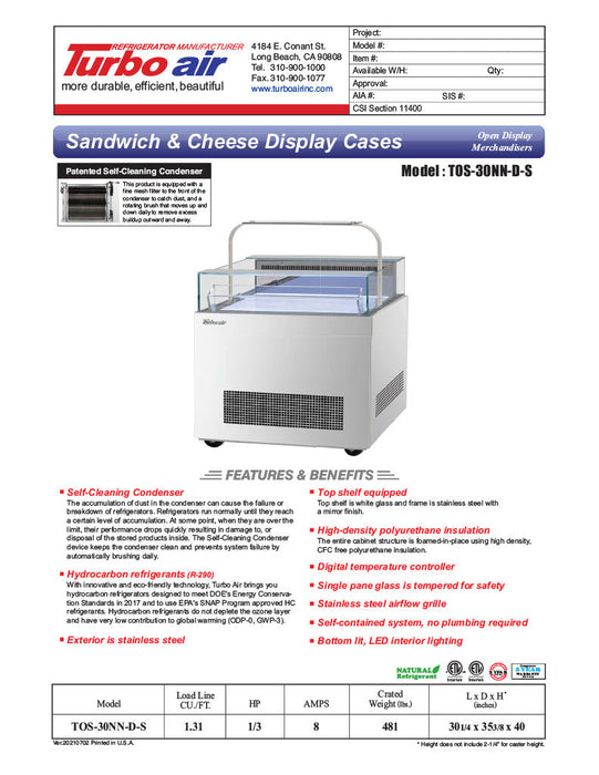Turbo Air TOS-30NN-D-S 30 1/4" Stainless Steel Horizontal Open Display Merchandiser / Air Curtain Sandwich and Cheese Display Case – 1 Level with Top Shelf, 115v - Donut-Supplies.Com