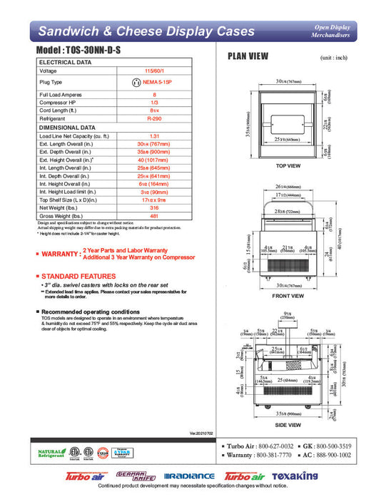Turbo Air TOS-30NN-D-S 30 1/4" Stainless Steel Horizontal Open Display Merchandiser / Air Curtain Sandwich and Cheese Display Case – 1 Level with Top Shelf, 115v - Donut-Supplies.Com