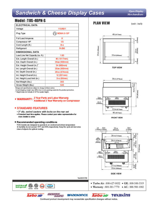 Turbo Air TOS-40PN-S 40" Stainless Steel Horizontal Open Display Merchandiser / Air Curtain Sandwich and Cheese Display Case – 1 Level, 115v - Donut-Supplies.Com