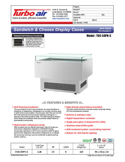 Turbo Air TOS-50PN-S 50" Stainless Steel Horizontal Open Display Merchandiser / Air Curtain Sandwich and Cheese Display Case – 1 Level, 115v - Donut-Supplies.Com
