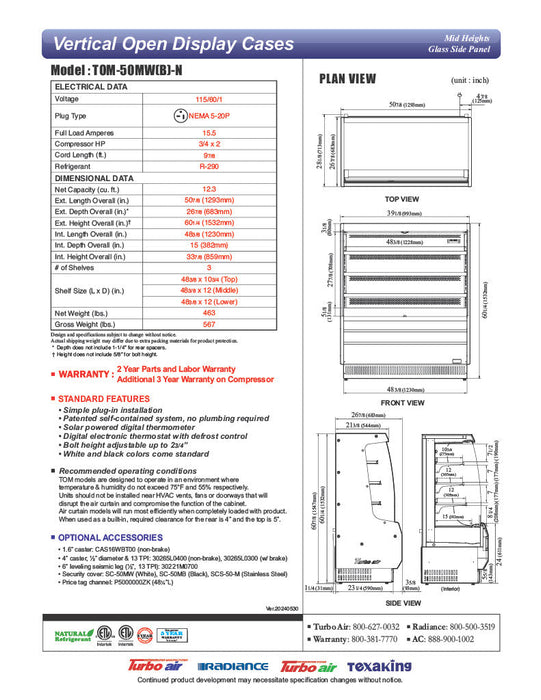 Turbo Air TOM-50MW-N 50 7/8" White Vertical Open Air Cooler – 4 Levels, 115v - Donut-Supplies.Com