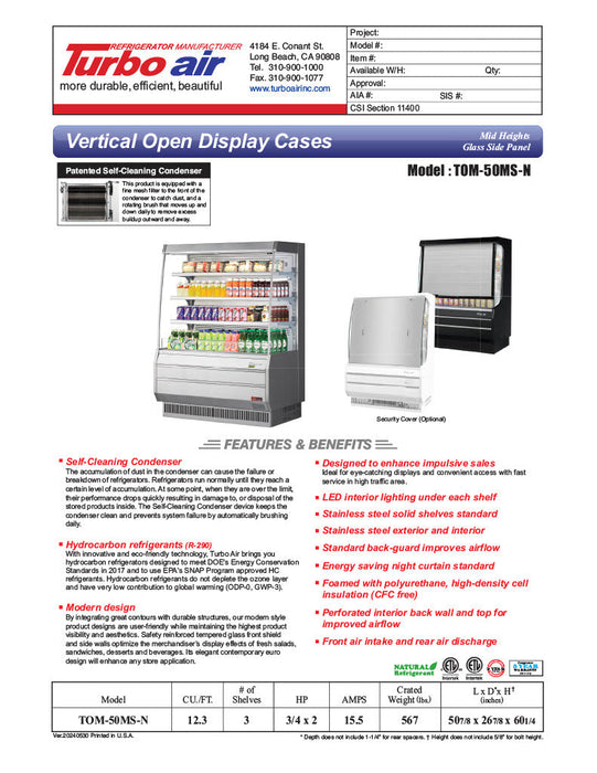 Turbo Air TOM-50MS-N 50 7/8" Stainless Steel Vertical Open Air Cooler w/ (4) Levels, 115v - Donut-Supplies.Com