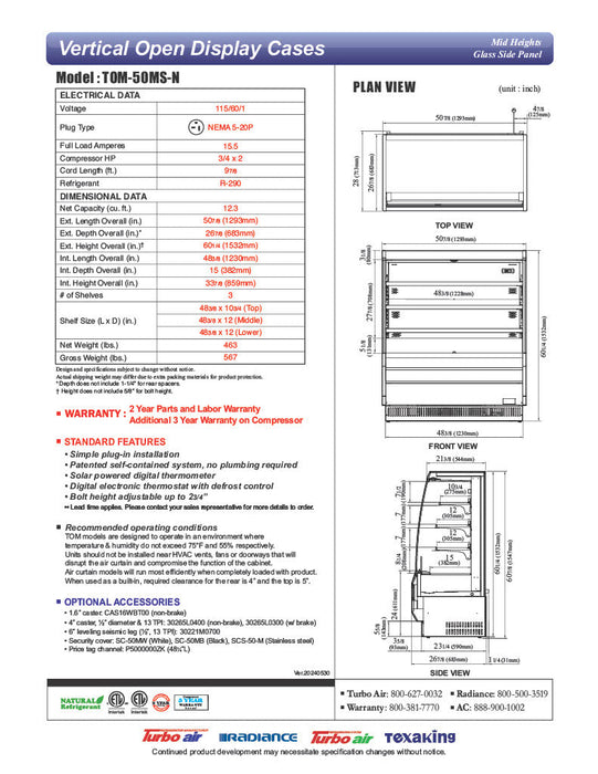 Turbo Air TOM-50MS-N 50 7/8" Stainless Steel Vertical Open Air Cooler w/ (4) Levels, 115v - Donut-Supplies.Com