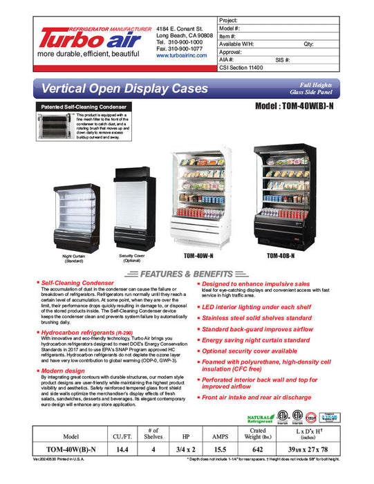 Turbo Air TOM-40B-N 39 1/8" Vertical Open Air Cooler w/ (5) Levels – Black Exterior, 115v - Donut-Supplies.Com