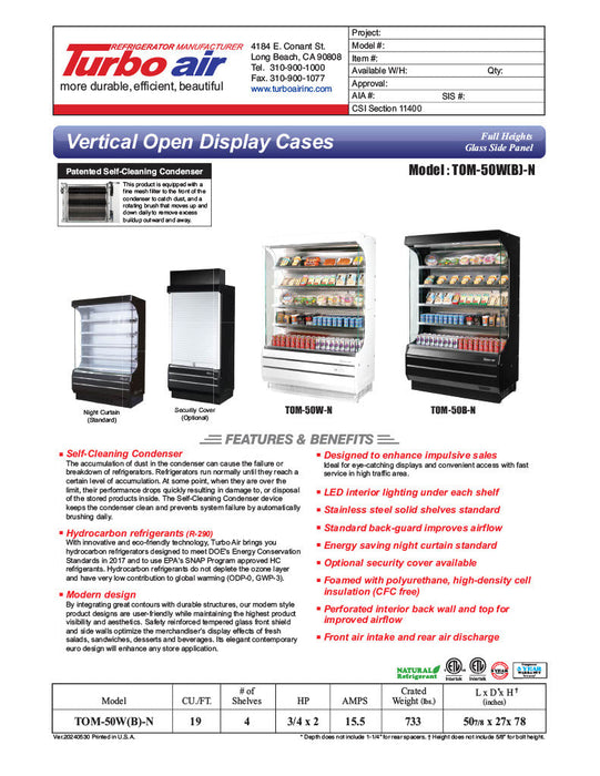 Turbo Air TOM-50B-N 51" Vertical Open Air Cooler w/ (5) Levels – Black Exterior, 115v - Donut-Supplies.Com