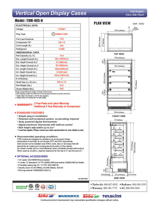 Turbo Air TOM-40S-N 39" Vertical Open Air Cooler w/ (5) Levels – Stainless Steel Exterior, 115v/1ph - Donut-Supplies.Com