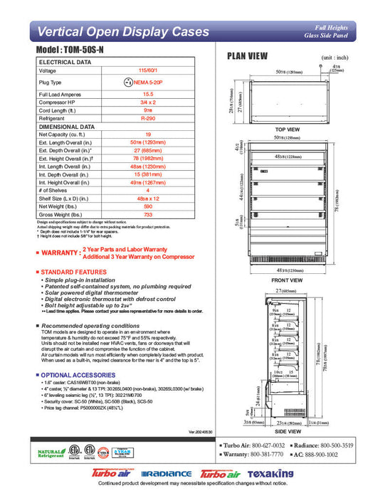Turbo Air TOM-50S-N 50 7/8" Vertical Open Air Cooler w/ (5) Levels – Stainless Steel Exterior, 115v - Donut-Supplies.Com
