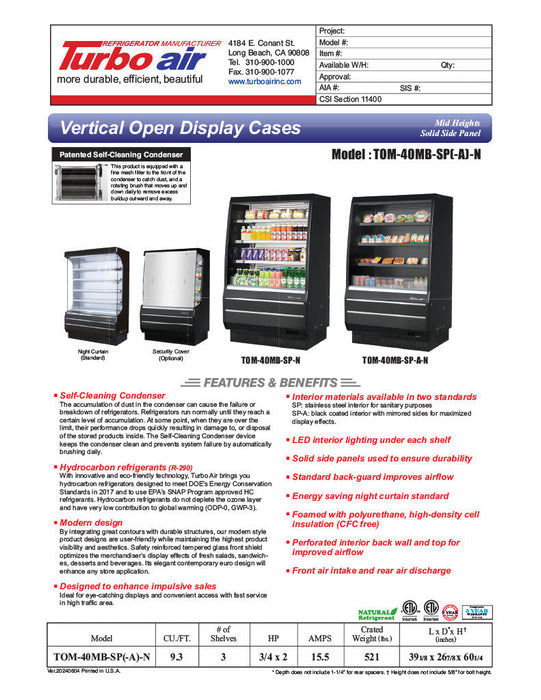 Turbo Air TOM-40MB-SP-N 39 1/8" Vertical Open Air Cooler w/ (4) Levels – Black Exterior, 115v - Donut-Supplies.Com