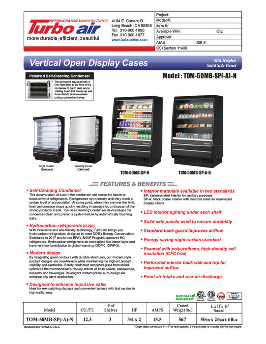 Turbo Air TOM-50MB-SP-N 50 7/8" Vertical Open Air Cooler w/ (4) Levels – Black Exterior, 115v - Donut-Supplies.Com