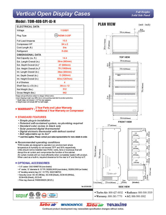 Turbo Air TOM-40B-SP-N 39 1/8" Vertical Open Air Cooler w/ (5) Levels – Black Exterior, 115v - Donut-Supplies.Com