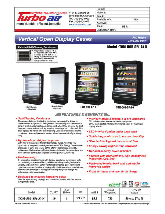 Turbo Air TOM-50B-SP-N 51" Vertical Open Air Cooler w/ (5) Levels – Black Exterior, Solid Side Panels, 115v - Donut-Supplies.Com