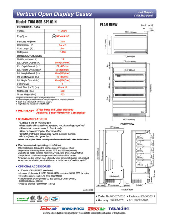 Turbo Air TOM-50B-SP-N 51" Vertical Open Air Cooler w/ (5) Levels – Black Exterior, Solid Side Panels, 115v - Donut-Supplies.Com