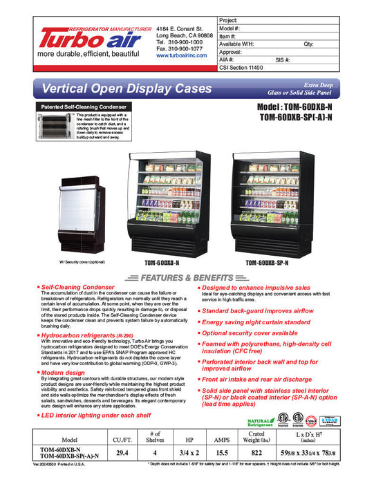 Turbo Air TOM-60DXB-N 60" Vertical Open Air Cooler w/ (5) Levels – Extra Deep, Black Exterior, 115v - Donut-Supplies.Com