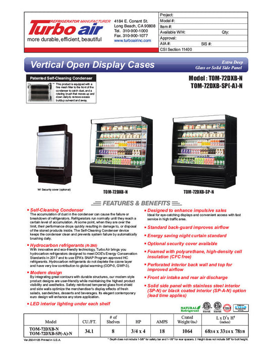 Turbo Air TOM-72DXB-N 69" Vertical Open Air Cooler w/ (5) Levels – Extra Deep, Black Exterior, 115v - Donut-Supplies.Com