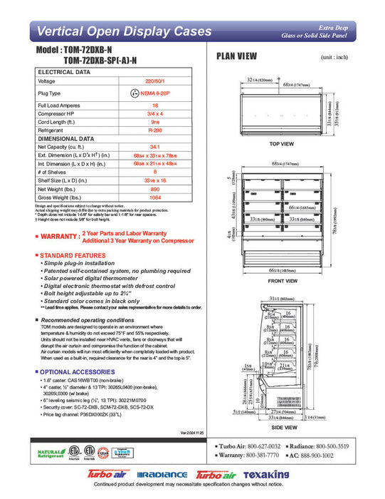 Turbo Air TOM-72DXB-N 69" Vertical Open Air Cooler w/ (5) Levels – Extra Deep, Black Exterior, 115v - Donut-Supplies.Com