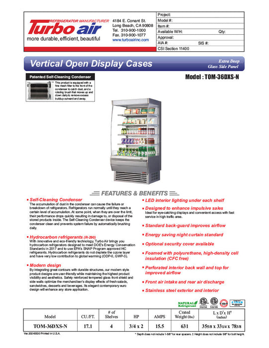 Turbo Air TOM-36DXS-N 36" Stainless Steel Extra Deep Vertical Open Display Case with (5) Levels, 115v - Donut-Supplies.Com