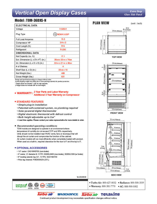 Turbo Air TOM-36DXS-N 36" Stainless Steel Extra Deep Vertical Open Display Case with (5) Levels, 115v - Donut-Supplies.Com