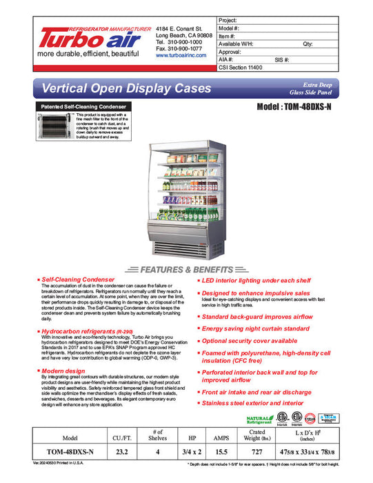 Turbo Air TOM-48DXS-N 48" Stainless Steel Extra Deep Vertical Open Display Case with (5) Levels, 115v - Donut-Supplies.Com