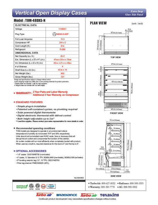 Turbo Air TOM-48DXS-N 48" Stainless Steel Extra Deep Vertical Open Display Case with (5) Levels, 115v - Donut-Supplies.Com