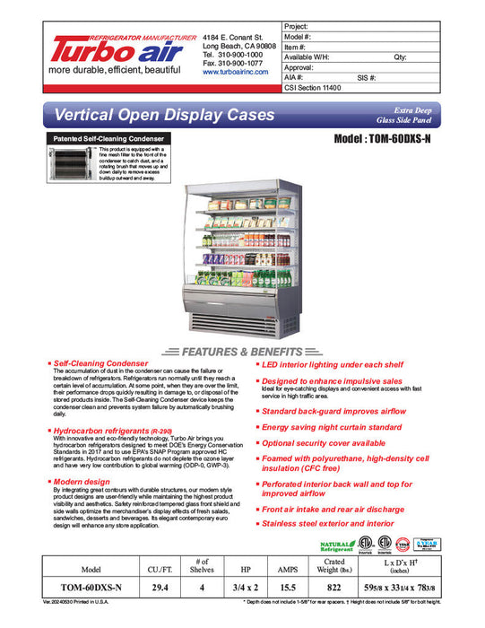 Turbo Air TOM-60DXS-N 60" Stainless Steel Extra Deep Vertical Open Air Cooler w/ (5) Levels, 115v - Donut-Supplies.Com