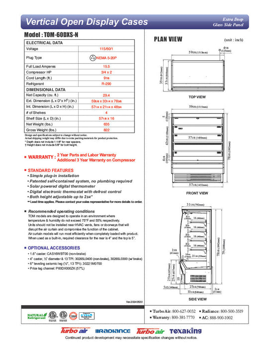 Turbo Air TOM-60DXS-N 60" Stainless Steel Extra Deep Vertical Open Air Cooler w/ (5) Levels, 115v - Donut-Supplies.Com