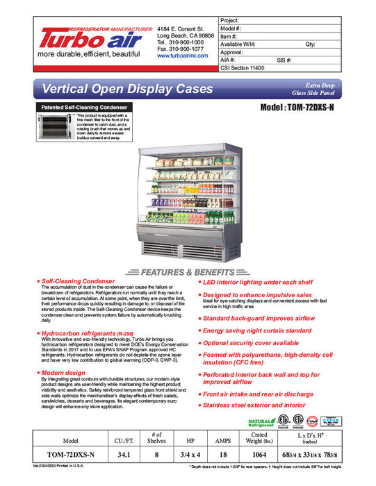 Turbo Air TOM-72DXS-N 68 3/4" Stainless Steel Extra Deep Vertical Open Air Cooler w/ (5) Levels, 115v - Donut-Supplies.Com