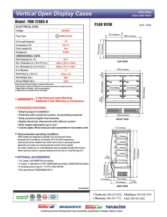 Turbo Air TOM-72DXS-N 68 3/4" Stainless Steel Extra Deep Vertical Open Air Cooler w/ (5) Levels, 115v - Donut-Supplies.Com