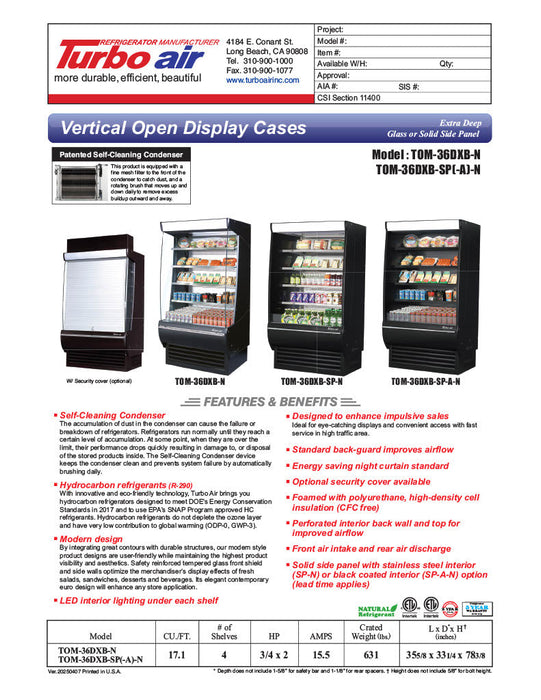 Turbo Air TOM-36DXB-SP-N 36" Black Extra Deep Vertical Open Air Cooler w/ Solid Side Panels, (5) Levels, 115v - Donut-Supplies.Com