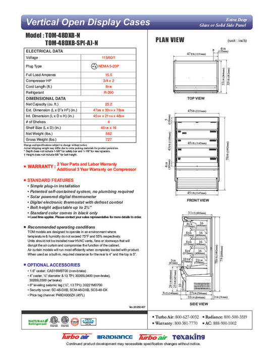 Turbo Air TOM-48DXB-SP-N 48" Black Extra Deep Vertical Open Air Cooler w/ Solid Side Panels, (5) Levels, 115v - Donut-Supplies.Com