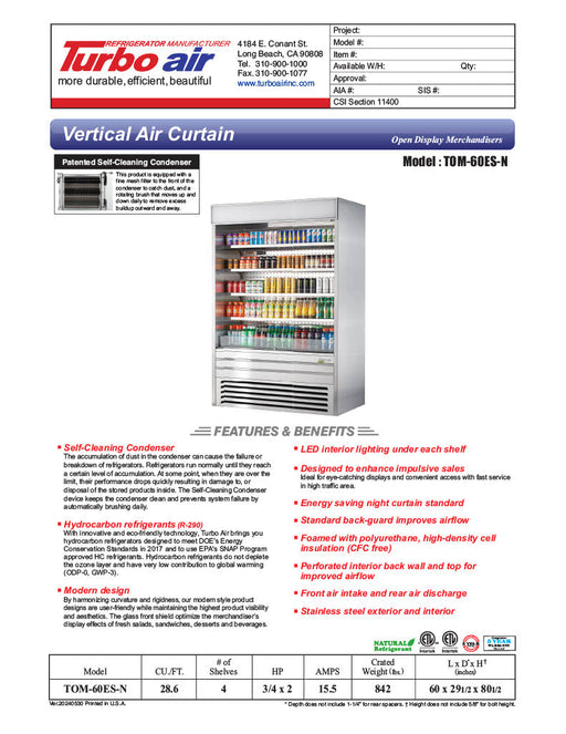 Turbo Air TOM-60ES-N 60" Stainless Steel Vertical Open Air Cooler w/ (5) Levels, 115v/1ph - Donut-Supplies.Com