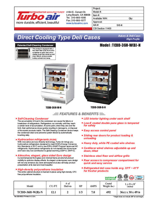 Turbo Air TCDD-36H-W-N 36" Curved Glass Full-Service Deli Display Case, 3 Levels, White Exterior, 115v - Donut-Supplies.Com