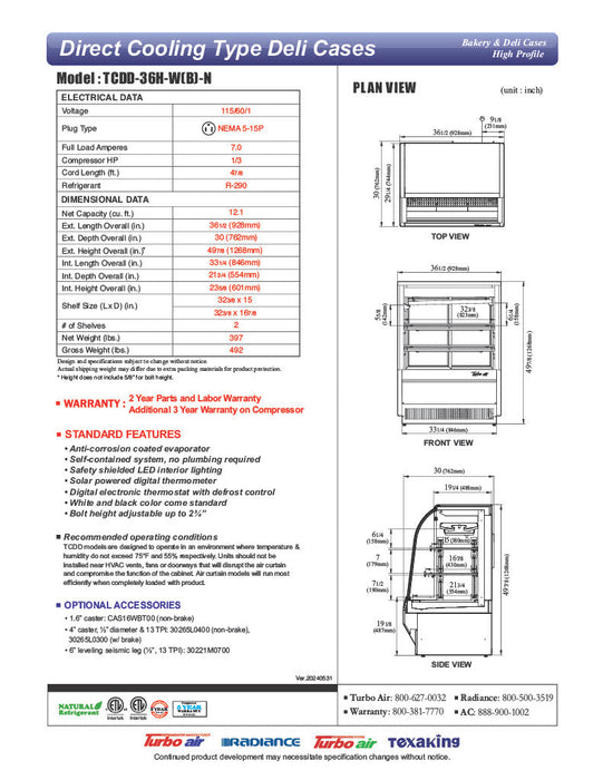 Turbo Air TCDD-36H-W-N 36" Curved Glass Full-Service Deli Display Case, 3 Levels, White Exterior, 115v - Donut-Supplies.Com